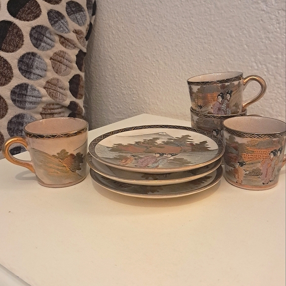 Antique Marked Japanese Meiji Satsuma Cup & Saucer Sets Geisha Mountain 3 Each - Picture 2 of 14